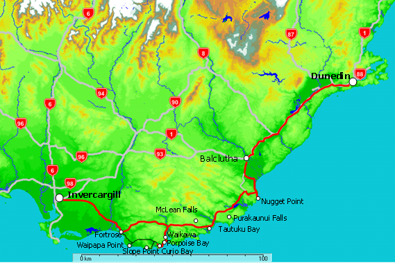 Map of Catlins Coast from Invercargill to Dunedin