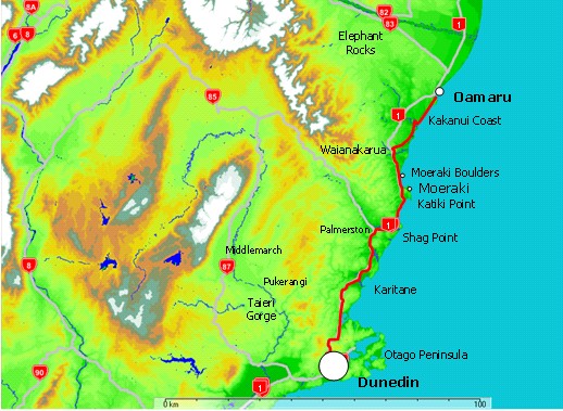 Dunedin to Oamaru map